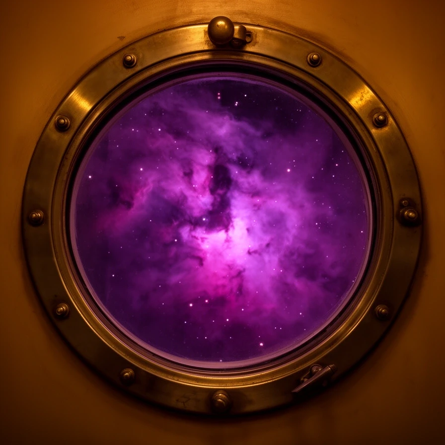 View through a circular space station window onto a swirling purple nebula