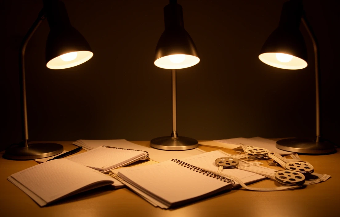 Three desk lamps lit late at night above scattered notebooks and prototype slot reels printed on paper