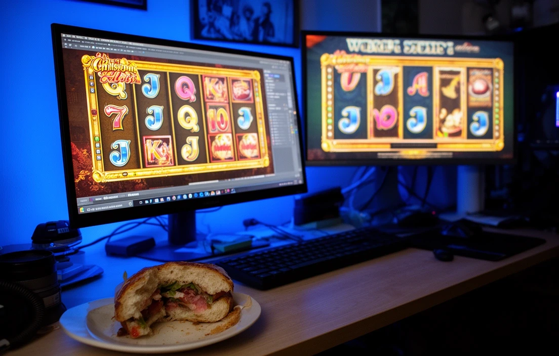 A cramped workstation with multiple monitors showing slot reel mockups and a half-eaten sandwich