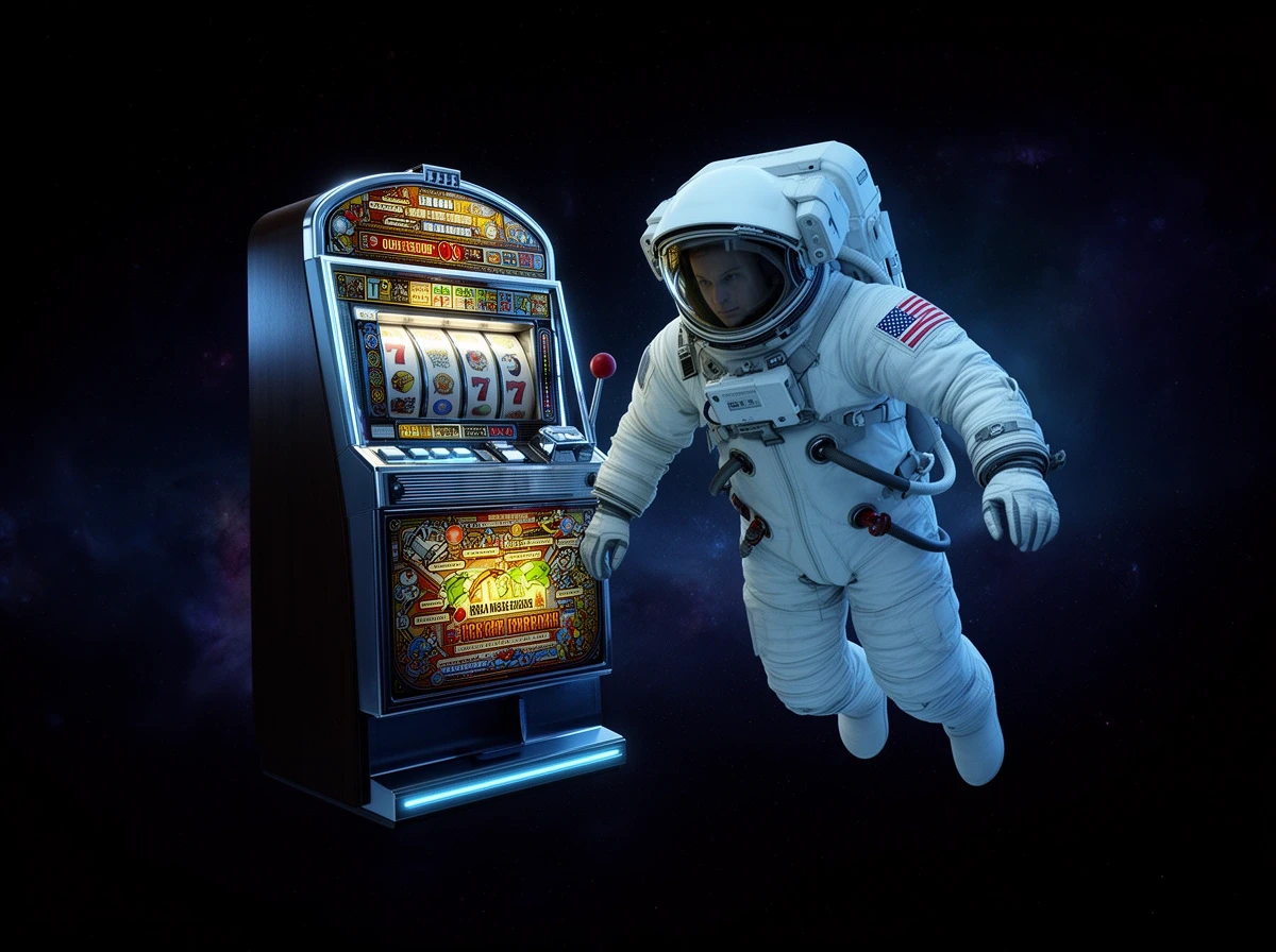 A lone cosmonaut floating beside a glowing slot machine in deep space
